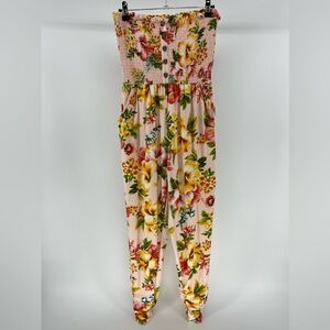 Jolie & Joy Pink Tropical Floral Print Strapless Jumpsuit, Pockets, Size Large